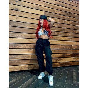 Casual Outdoor Elastic High-Waisted Black Cargo Joggers w/ Pockets & Hip Strap